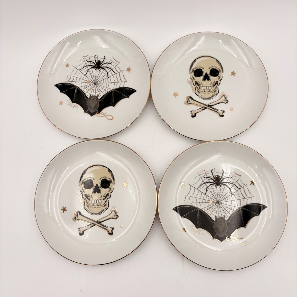 Set of 4 Potters Studio Halloween Appetizer Plates‎ Skull Bat Spider Web Gold